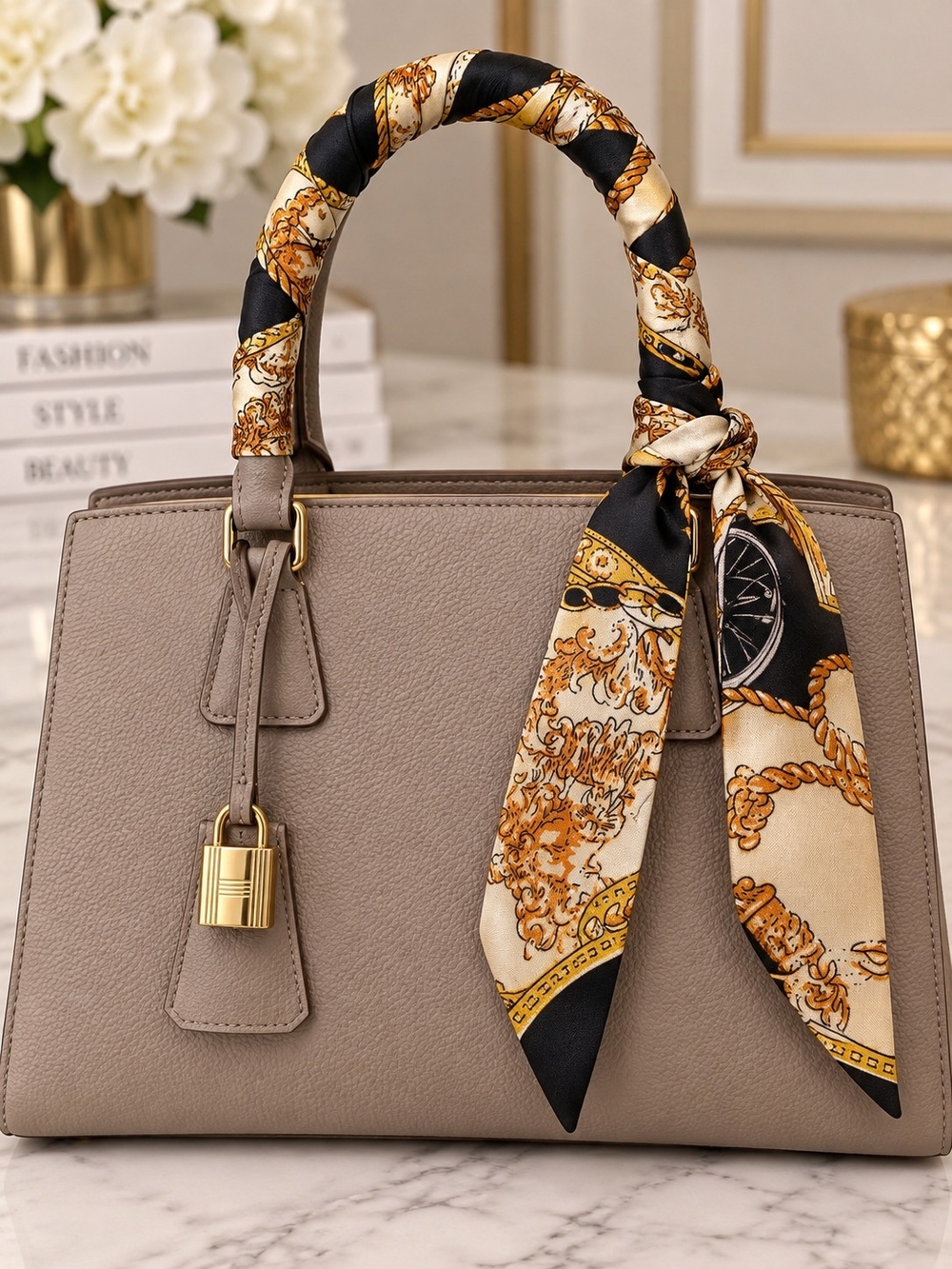 Bag Twill Silk-Feel Hair Scarf Tie in Cream, Black and Gold Print